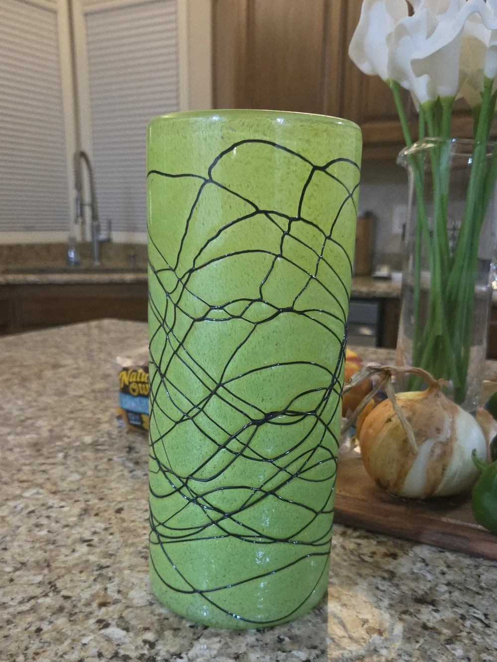 Green Decorative Glass Cylinder Vase with Black Swirl Design